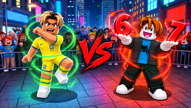 Official Aura Dance Battles artwork showing two Roblox dancers facing off on a neon city stage